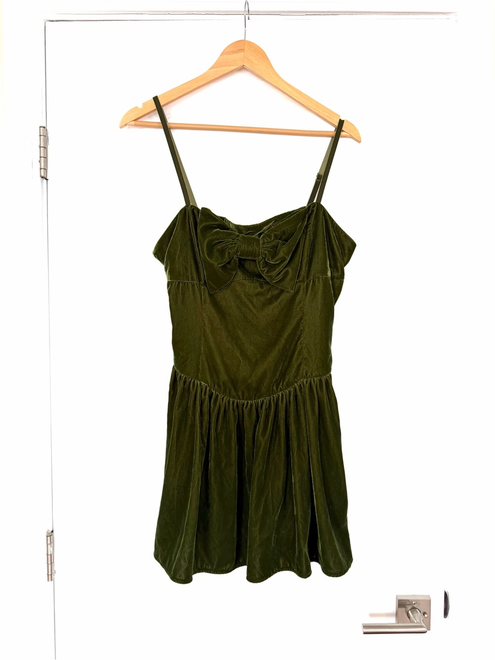 For Love & Lemons Martini Olive Velvet Mini Dress Bow Green M Medium